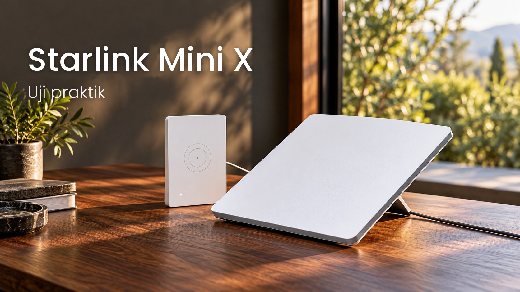 Antena Starlink Mini dan Router Mini terpisah dalam komposisi editorial bernuansa terang.