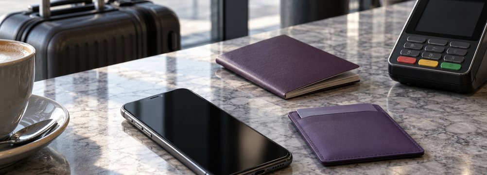 KI-Illustration: Smartphone, violette Kartenhülle und ausgeschaltetes Bezahlterminal auf einer Cafétheke