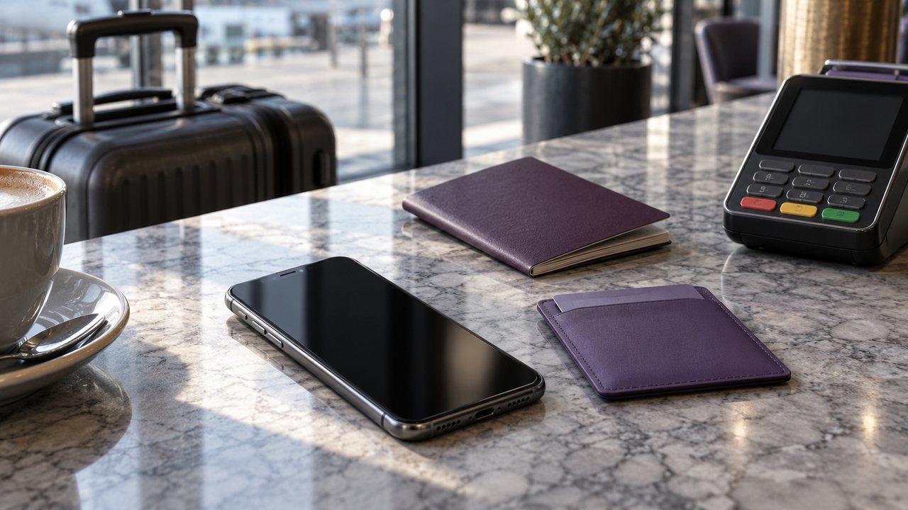 KI-Illustration: Smartphone, violette Kartenhülle und ausgeschaltetes Bezahlterminal auf einer Cafétheke