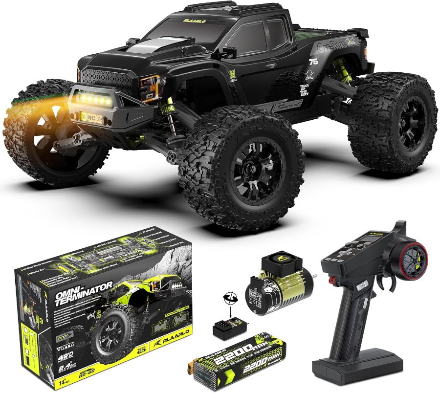 Schwarzer RIAARIO 1:10 Brushless-Truck mit Lichtleiste, Verpackung, Motor, Regler, Akku und Fernsteuerung