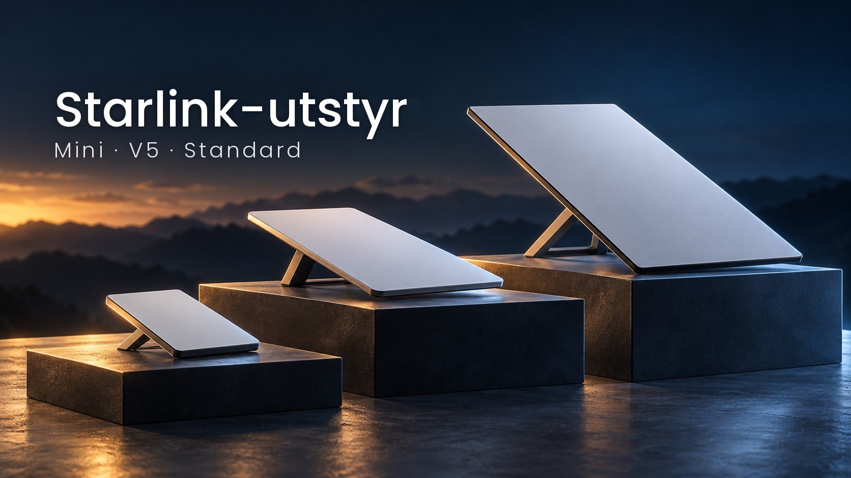 Starlink Mini, V5 og Standard 4 samlet for en visuell sammenligning av settene.