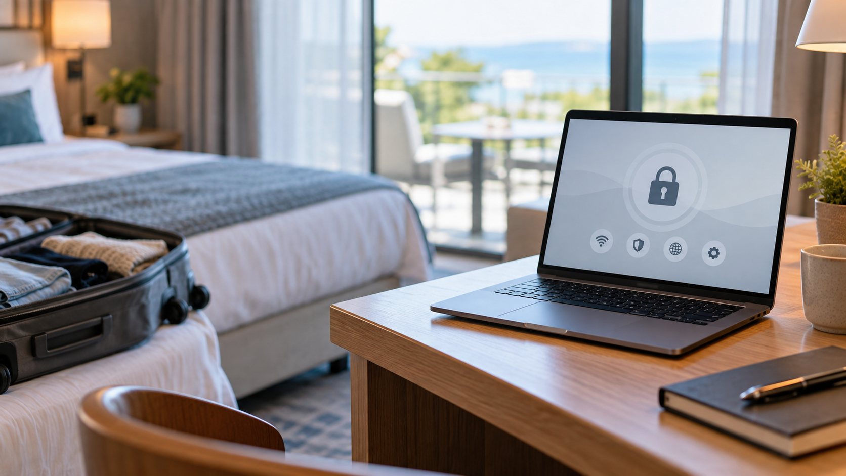 Symbolbild eines Laptops mit Schloss-Symbol auf einem Schreibtisch in einem Hotelzimmer, daneben ein geöffneter Koffer auf dem Bett und Blick aufs Meer