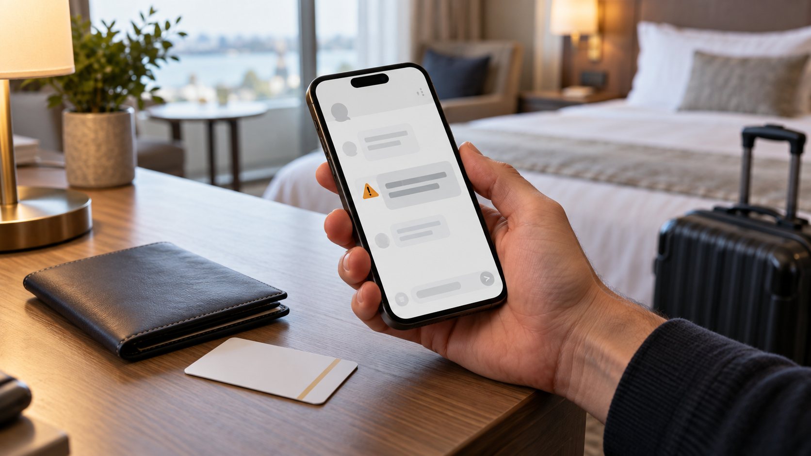 Symbolbild einer Hand mit Smartphone in einem Hotelzimmer, auf dem Display eine abstrakte Chatansicht mit Warnsymbol, auf dem Tisch eine Geldbörse und eine Zimmerkarte