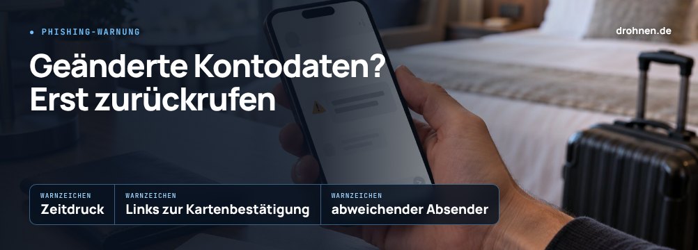 Banner mit dem Schriftzug Geänderte Kontodaten? Erst zurückrufen über einem Smartphone im Hotelzimmer, dazu die Warnzeichen Zeitdruck, Links zur Kartenbestätigung und abweichender Absender