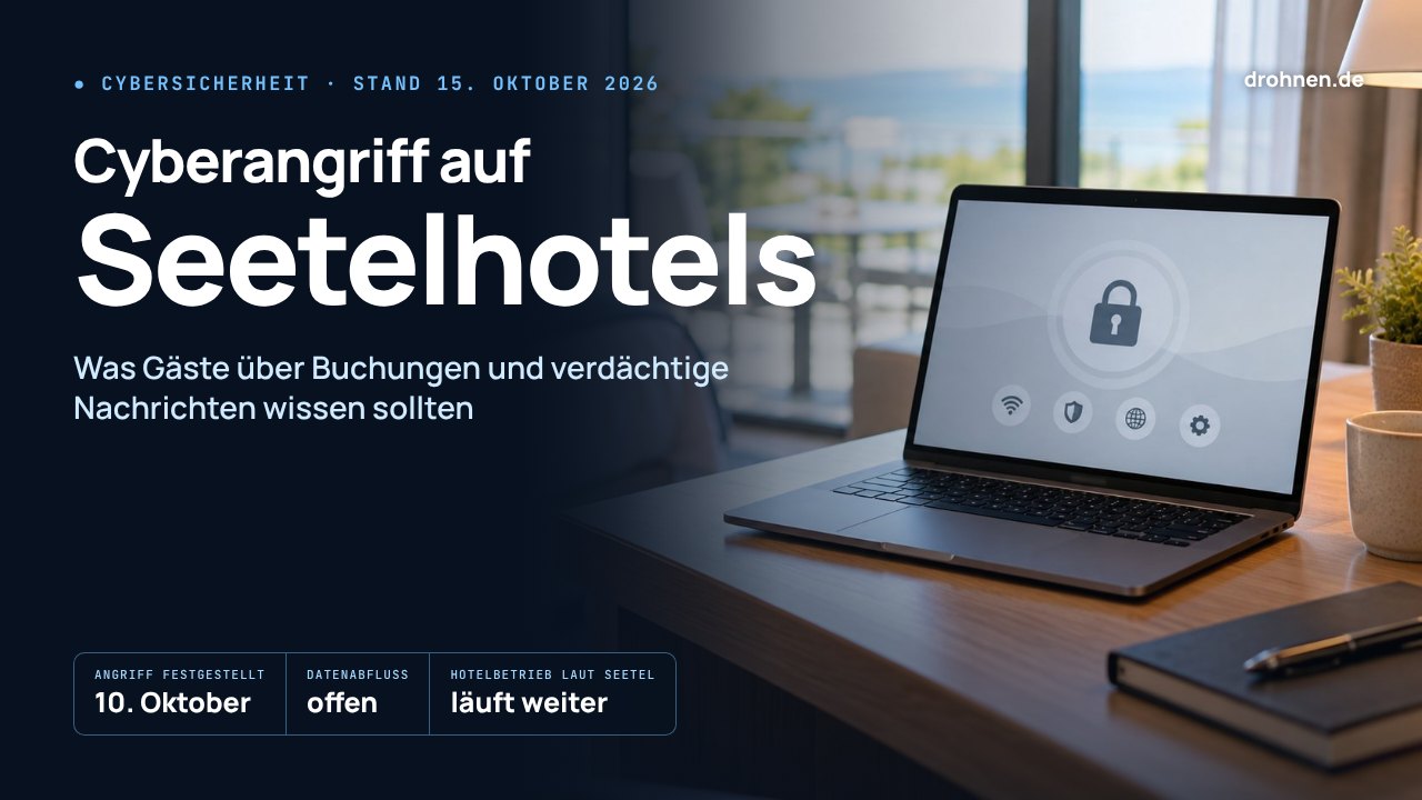 Grafik mit dem Schriftzug Cyberangriff auf Seetelhotels über einem Hotelzimmer mit Laptop, darunter die Eckdaten Angriff am 10. Oktober, Datenabfluss offen und Hotelbetrieb laut Seetel läuft weiter