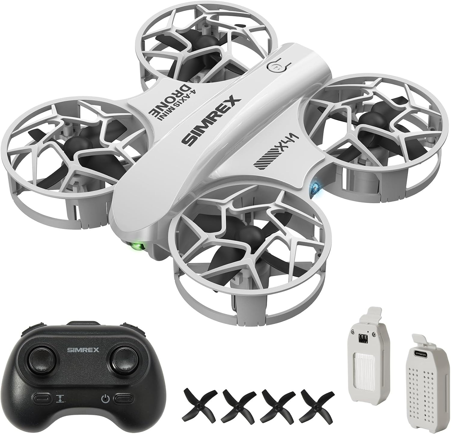 SIMREX X41 Mini Drohne in Weiß und Grau mit schwarzer Fernsteuerung, zwei Akkus und vier Ersatzpropellern