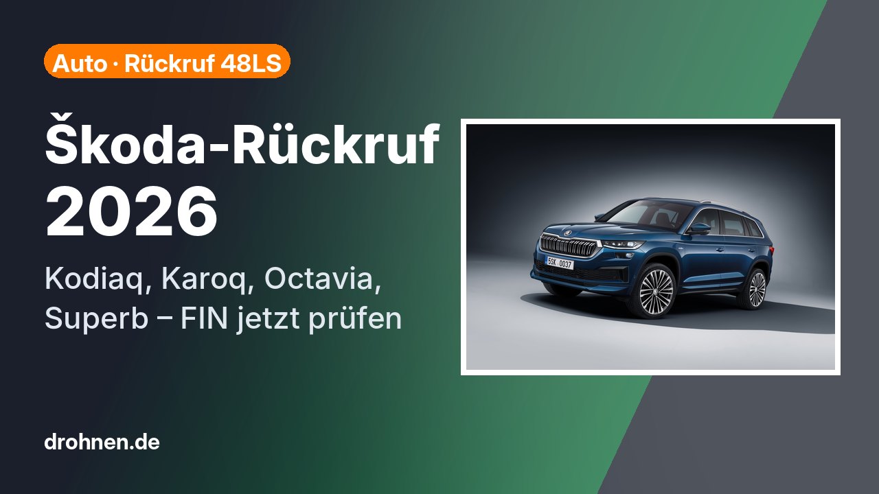 Titelgrafik Škoda-Rückruf 2026 mit Kodiaq, Karoq, Octavia und Superb