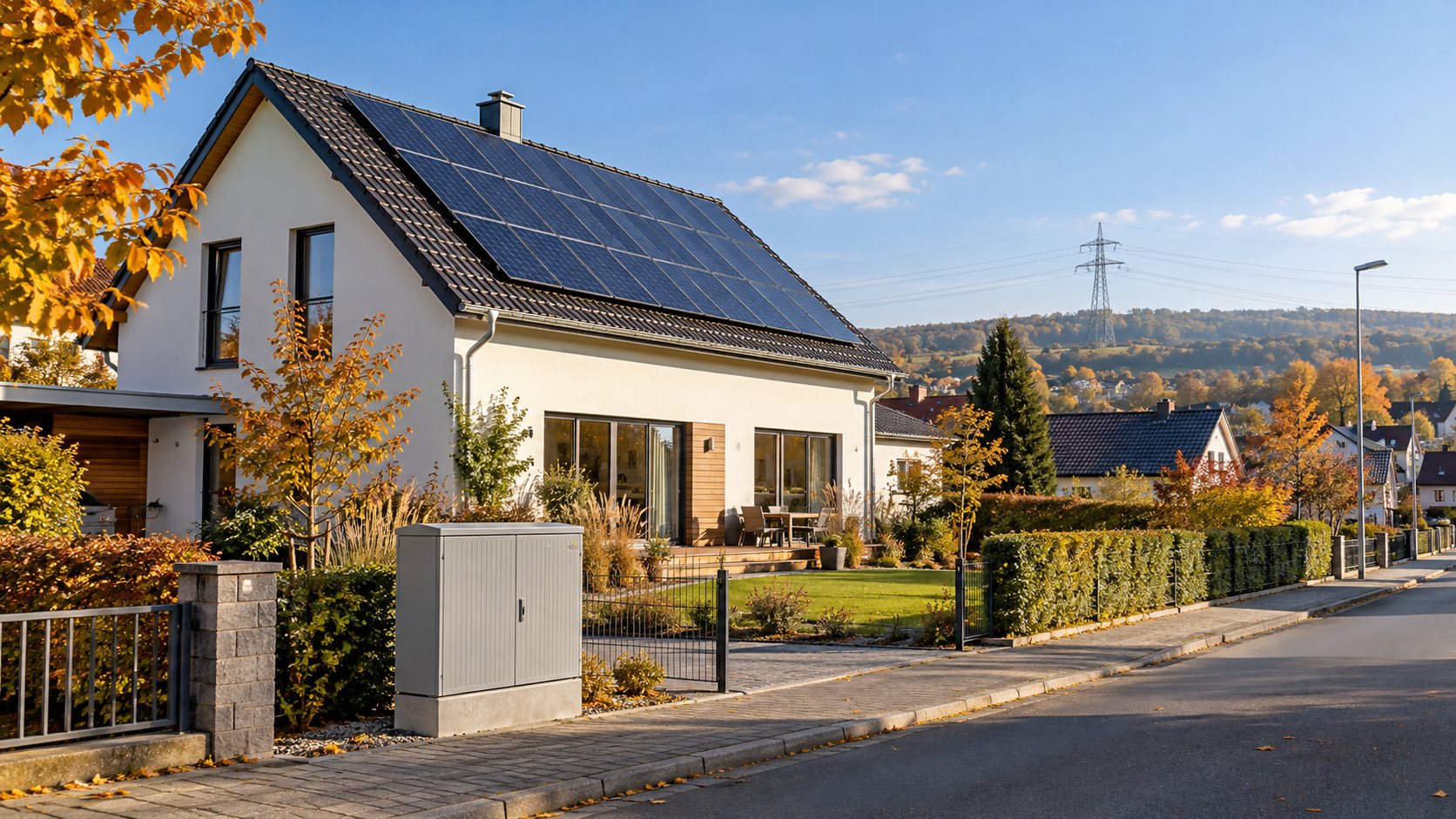 Symbolbild eines Einfamilienhauses mit Photovoltaikanlage auf dem Dach, davor ein grauer Verteilerschrank, im Hintergrund ein Strommast