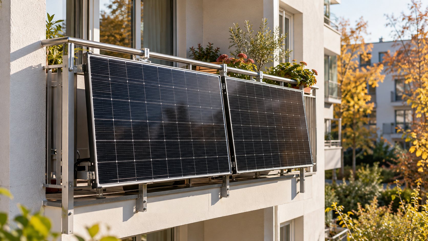 Symbolbild zweier dunkler Solarmodule an einem Balkongeländer eines Wohnhauses