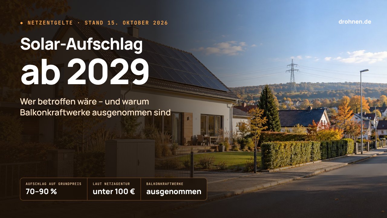 Grafik mit dem Schriftzug Solar-Aufschlag ab 2029 über einem Haus mit Solaranlage, darunter die Eckdaten 70 bis 90 Prozent Aufschlag, unter 100 Euro laut Netzagentur und Balkonkraftwerke ausgenommen