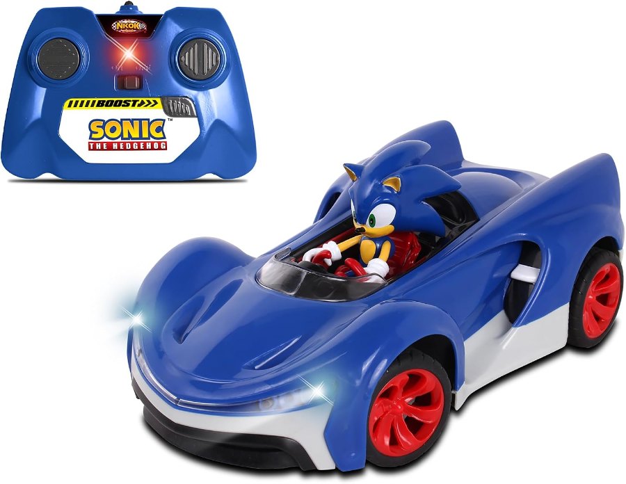 Ferngesteuertes Sonic-Fahrzeug in Blau mit Figur am Steuer und Fernsteuerung