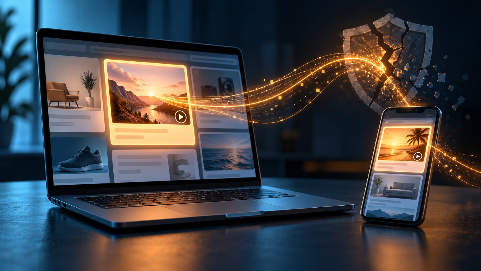 Laptop und Smartphone mit abstrakten Werbekacheln und einem symbolisch durchbrochenen digitalen Schutzschild.