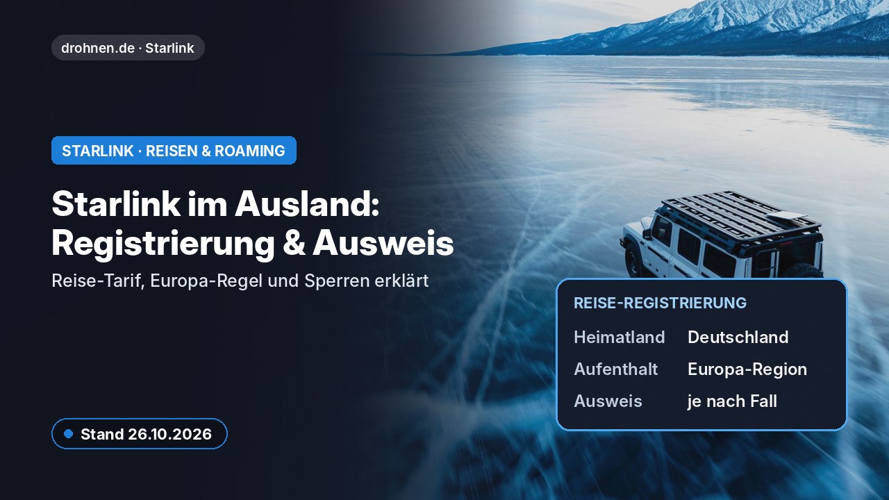 Geländewagen mit Starlink-Antenne auf einer Eisfläche, dazu der Titel Starlink im Ausland: Registrierung und Ausweis