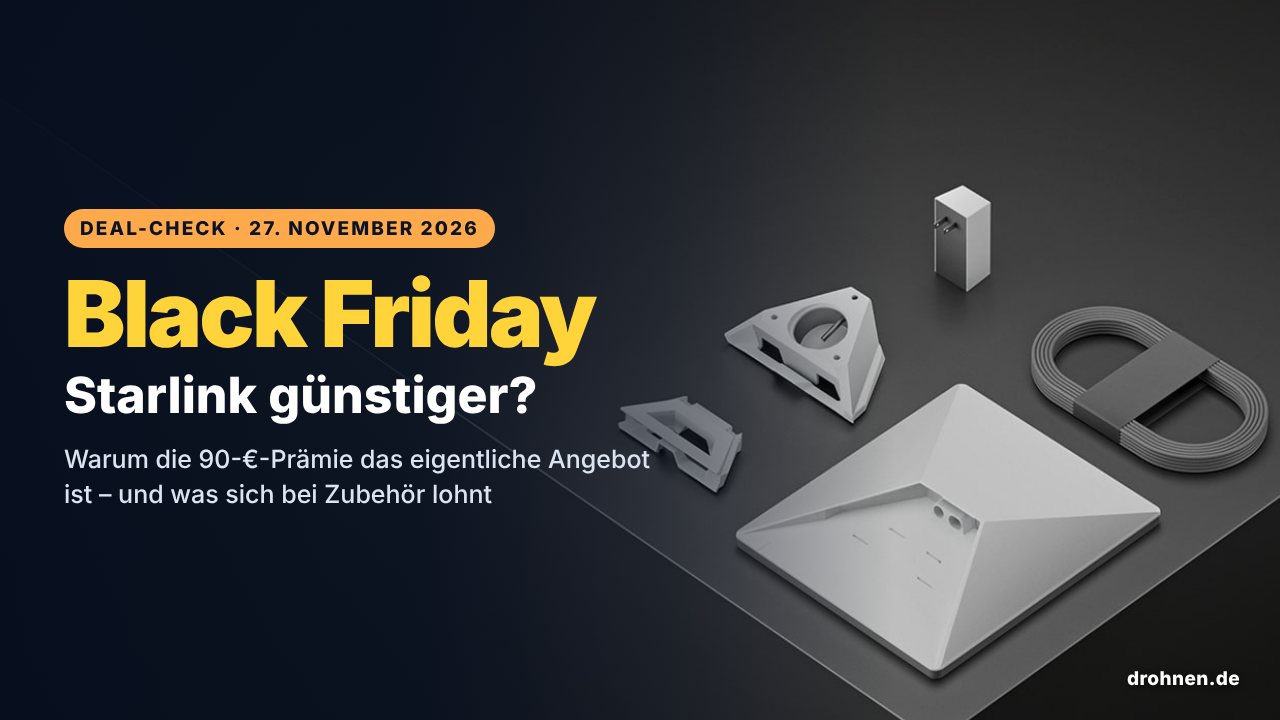 Starlink-Hardware mit Halterungsteilen, Netzteil und Kabel auf dunklem Untergrund, daneben der Schriftzug Black Friday – Starlink günstiger?