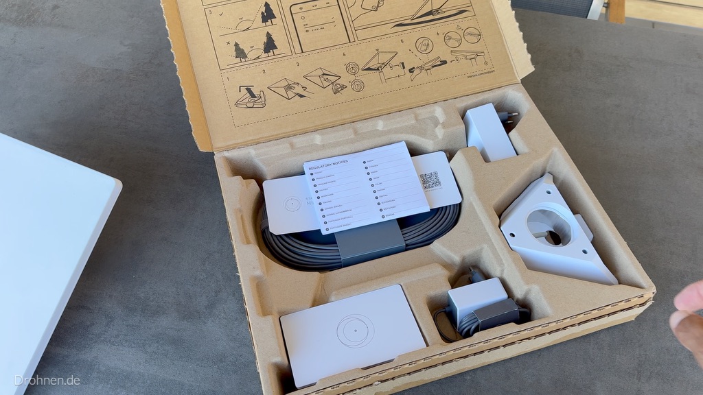 Geöffneter Mini-X-Karton mit Router Mini, Kabelrolle, Netzteilen und Unterlagen