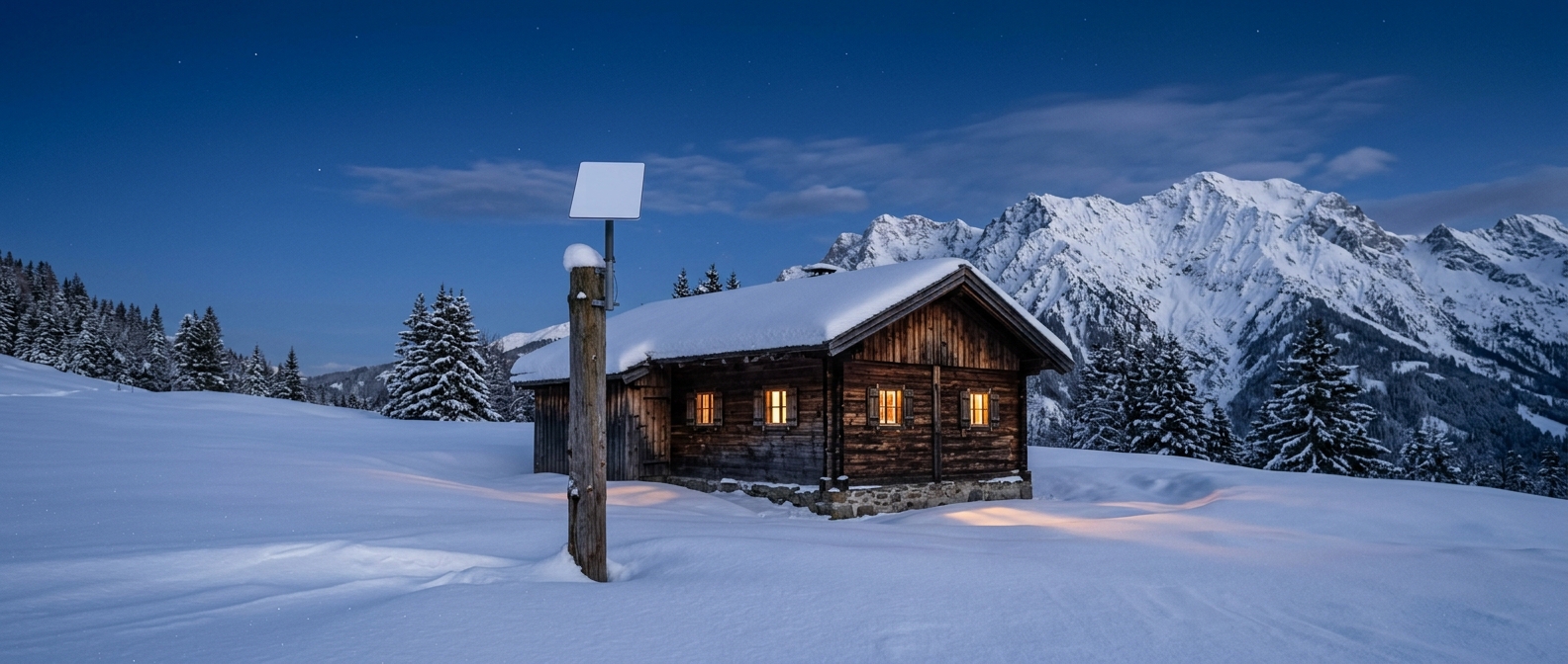 Almhütte im Schnee in der Abenddämmerung, daneben eine flache Satellitenantenne auf einem Holzmast, im Fenster warmes Licht.