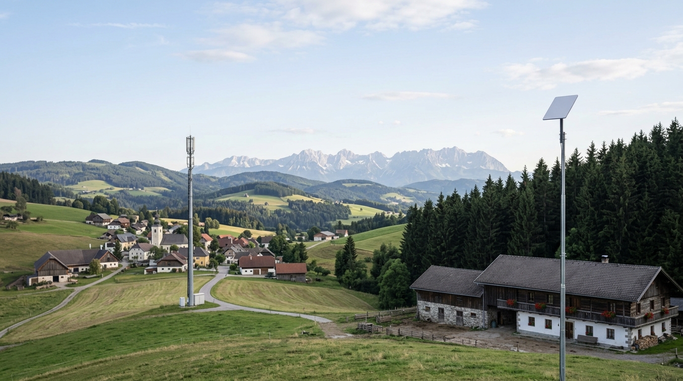 Abgelegener Hof am Waldrand mit Satellitenantenne auf einem Mast, im Tal ein Dorf mit Mobilfunkmast, dahinter Hügel und Alpengipfel.