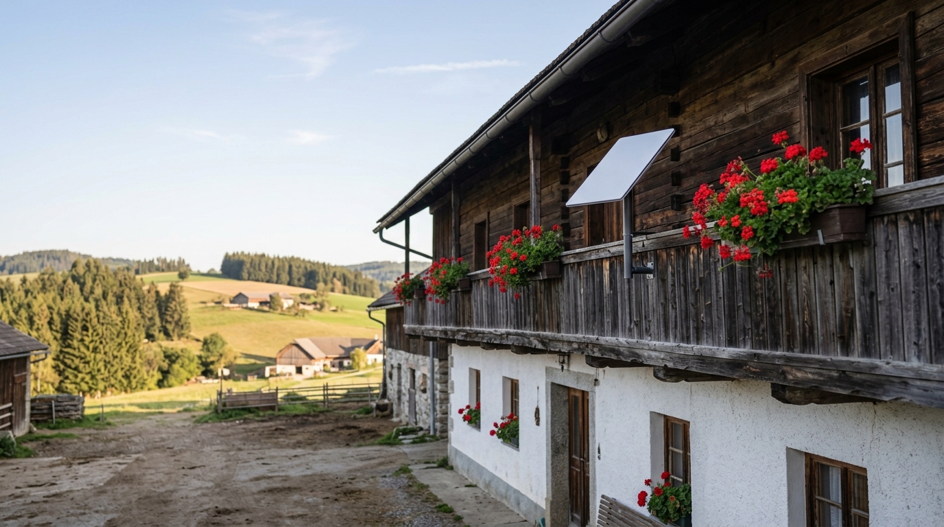 Flache Satellitenantenne am Holzbalkon eines Bauernhauses mit Blumenkästen, im Hintergrund sanfte Hügel und Wald unter klarem Himmel.