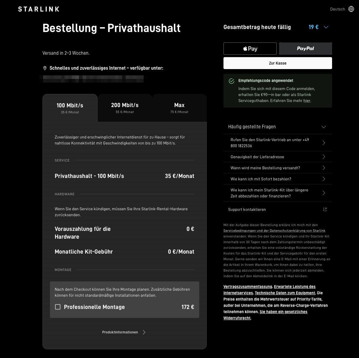 Starlink-Bestellseite Privathaushalt 100 Mbit/s für 35 Euro im Monat, rechts der grüne Hinweis Empfehlungscode angewendet mit 90 Euro in bar oder als Serviceguthaben