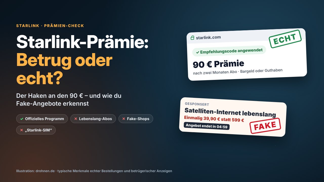 Gegenüberstellung: echte Starlink-Bestellung mit dem Hinweis Empfehlungscode angewendet und 90 Euro Prämie neben einer gefälschten Anzeige für Satelliten-Internet lebenslang für 39,90 Euro mit dem Stempel Fake