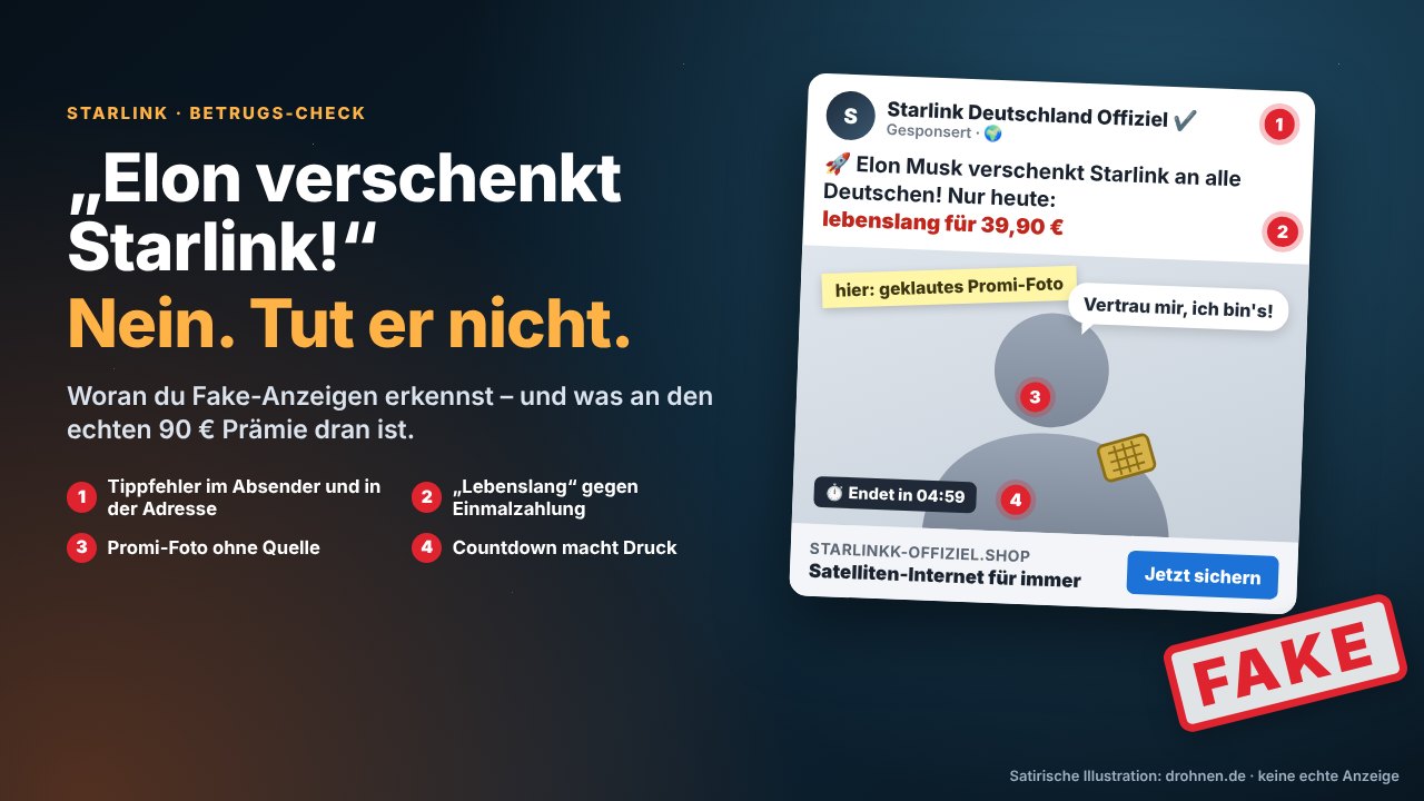 Satirische Illustration einer gefälschten Social-Media-Anzeige: Elon Musk verschenkt Starlink, lebenslang für 39,90 Euro, mit grauer Silhouette statt Promi-Foto, Countdown, Tippfehler-Adresse und großem Fake-Stempel