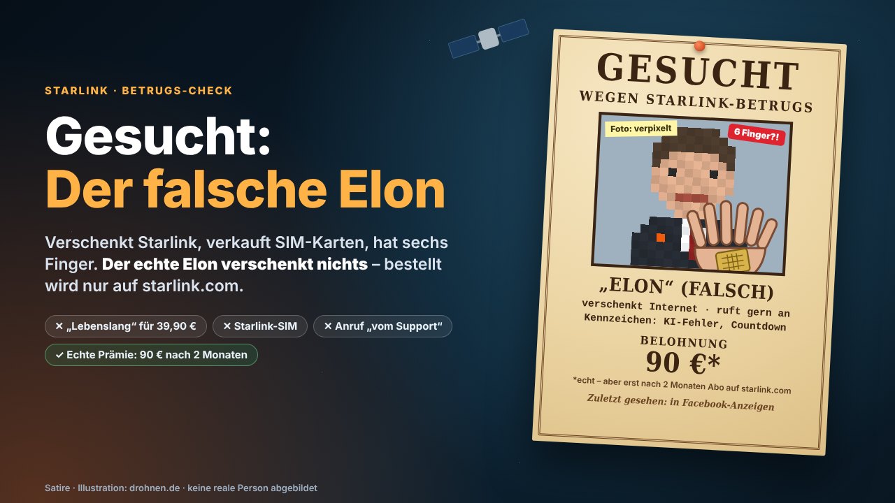 Satirisches Fahndungsplakat „Gesucht wegen Starlink-Betrugs: Elon (falsch)“ mit verpixeltem Fantasie-Porträt und einer Hand mit sechs Fingern, die eine SIM-Karte hält; Belohnung 90 Euro, echt, aber erst nach zwei Monaten Abo auf starlink.com