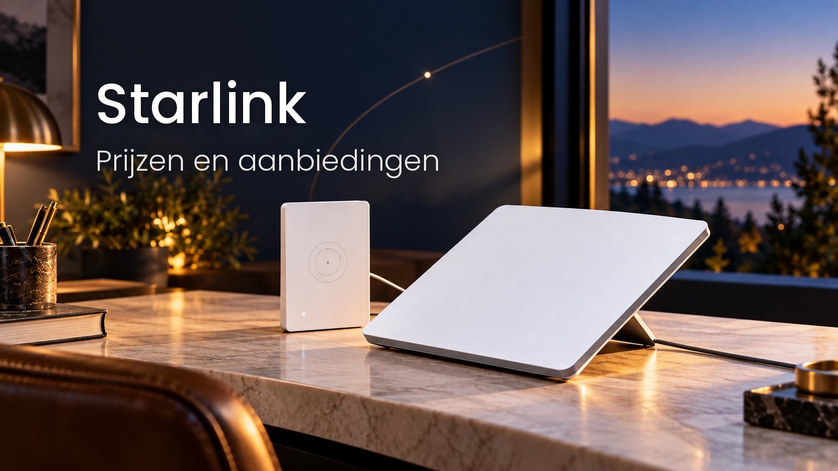 Starlink-terminal en -router op een licht houten bureau voor een raam met uitzicht op het platteland.