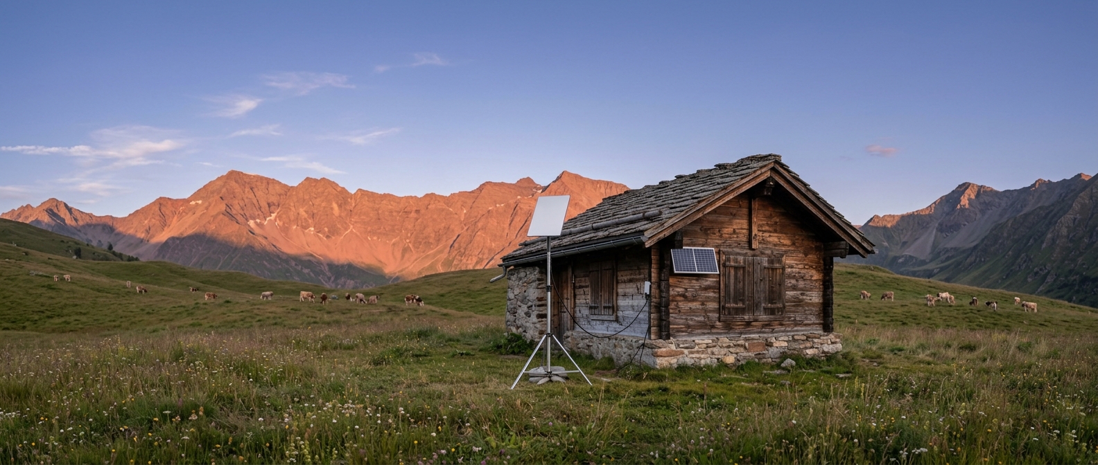 Berghütte auf einer Alpweide im Abendlicht, daneben eine flache Satellitenantenne auf einem Stativ, an der Holzwand ein Solarpaneel, dahinter rot leuchtende Gipfel.