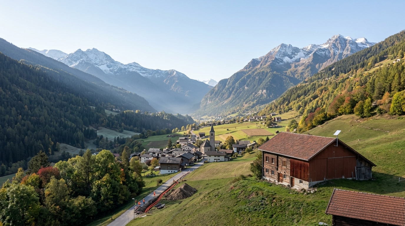 Voralpental im Herbstlicht mit Dorf und Bauernhöfen am Hang, an einem Stall eine kleine Satellitenantenne, dahinter schneebedeckte Gipfel.