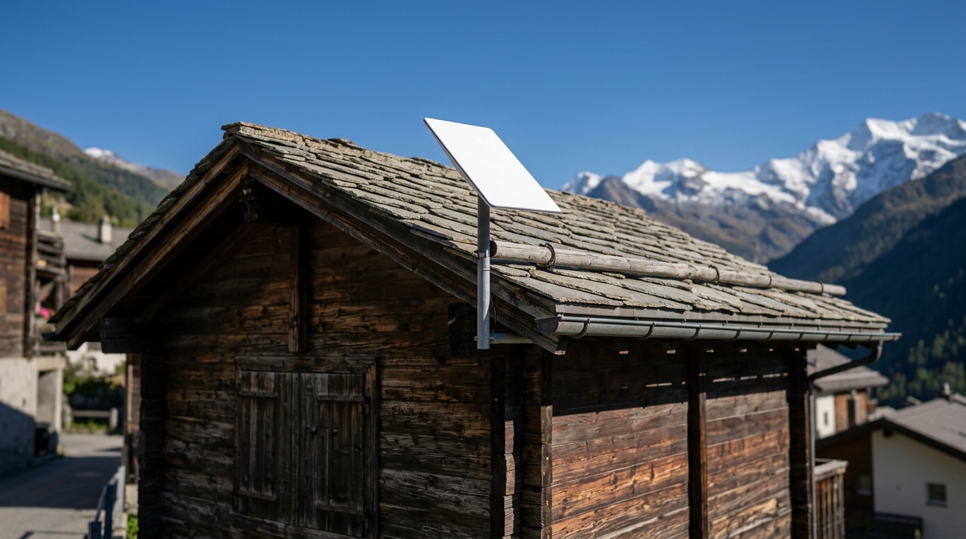 Flache Satellitenantenne auf dem Steinplattendach eines alten Walliser Holzhauses, im Hintergrund schneebedeckte Berggipfel unter blauem Himmel.