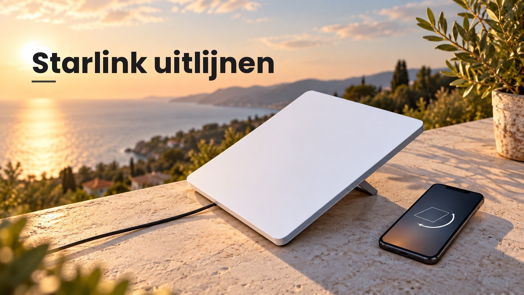 Starlink Mini naast een smartphone met een gestileerde richtingspijl en een heldere hemel.