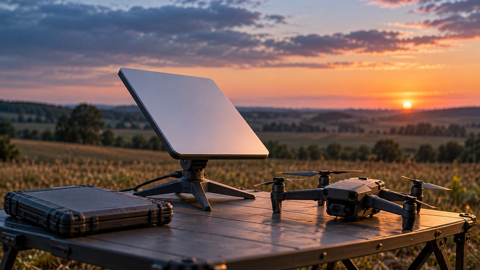 Symbolbild einer flachen Satellitenantenne neben einer Drohne und einem geschlossenen Transportkoffer auf einem Tisch im Freien bei Sonnenuntergang