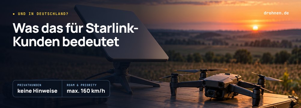 Banner mit dem Schriftzug Was das für Starlink-Kunden bedeutet, daneben eine Satellitenantenne und eine Drohne, Eckdaten Privatkunden keine Hinweise und Roam und Priority maximal 160 km/h