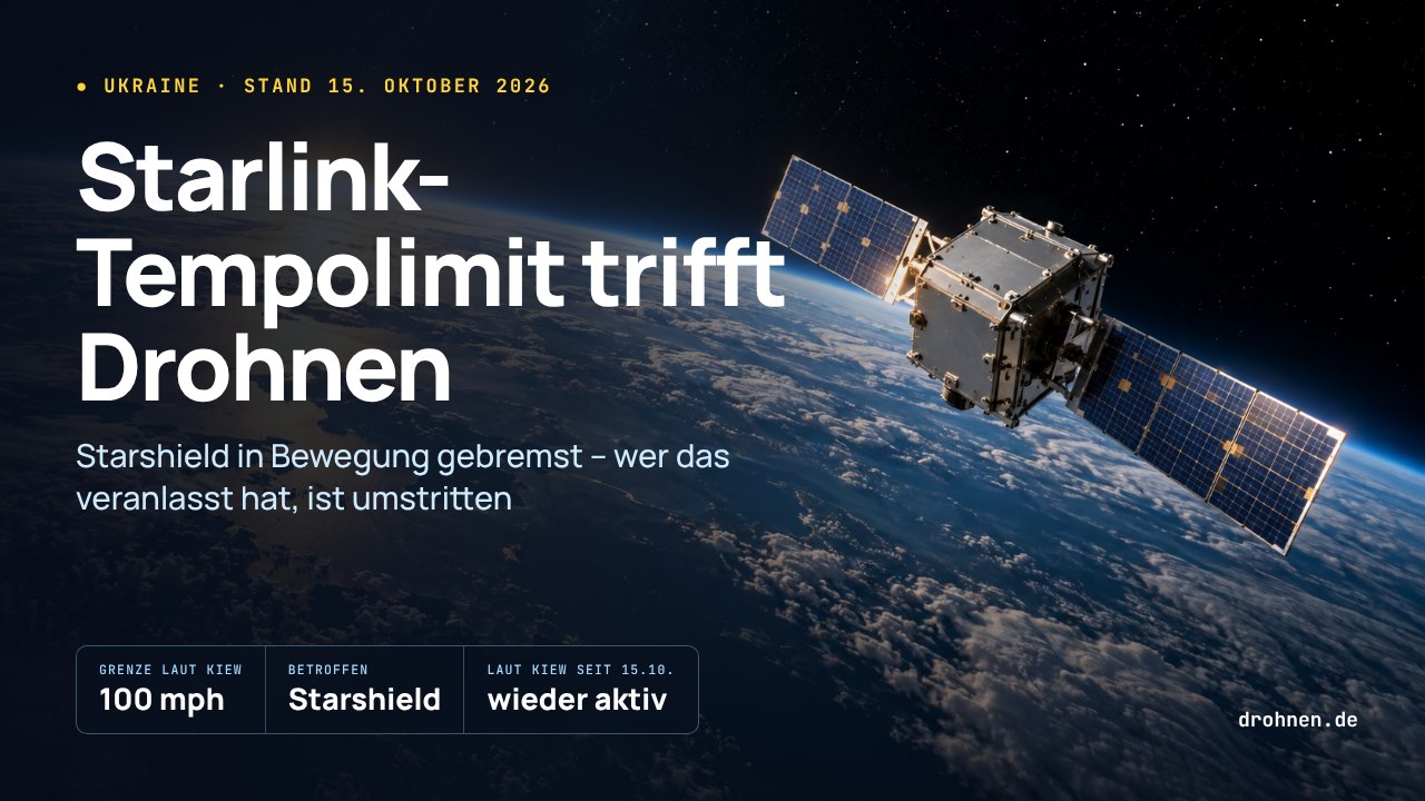 Grafik mit dem Schriftzug Starlink-Tempolimit trifft Drohnen vor einem Satelliten über der Erde, darunter die Eckdaten 100 mph, Starshield und laut Kiew seit 15. Oktober wieder aktiv