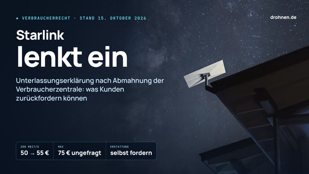 Grafik mit dem Schriftzug Starlink lenkt ein über einem Starlink-Terminal unter dem Nachthimmel, darunter die Eckdaten 50 auf 55 Euro, Max 75 Euro ungefragt und Erstattung selbst fordern