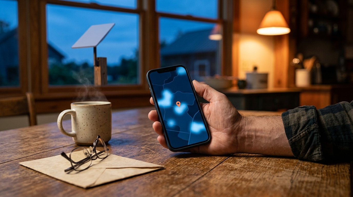 Hand mit Smartphone, auf dem Bildschirm eine dunkle Karte mit Standortmarkierung; durchs Fenster ist eine Satellitenantenne in der Abenddämmerung zu sehen.