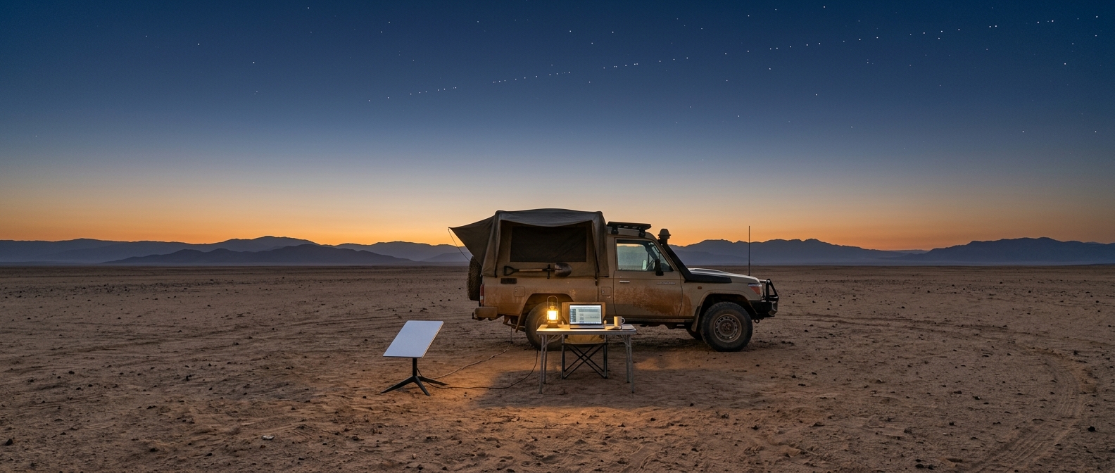 Geländewagen mit Dachzelt auf einer Wüstenebene in der Dämmerung, daneben eine flache Satellitenantenne und ein Campingtisch mit Laptop.