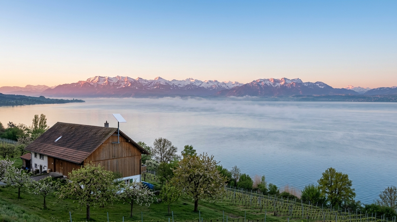 Bauernhaus mit Satellitenantenne zwischen blühenden Obstbäumen über dem Bodensee im Morgendunst, dahinter die Alpenkette im ersten Sonnenlicht.