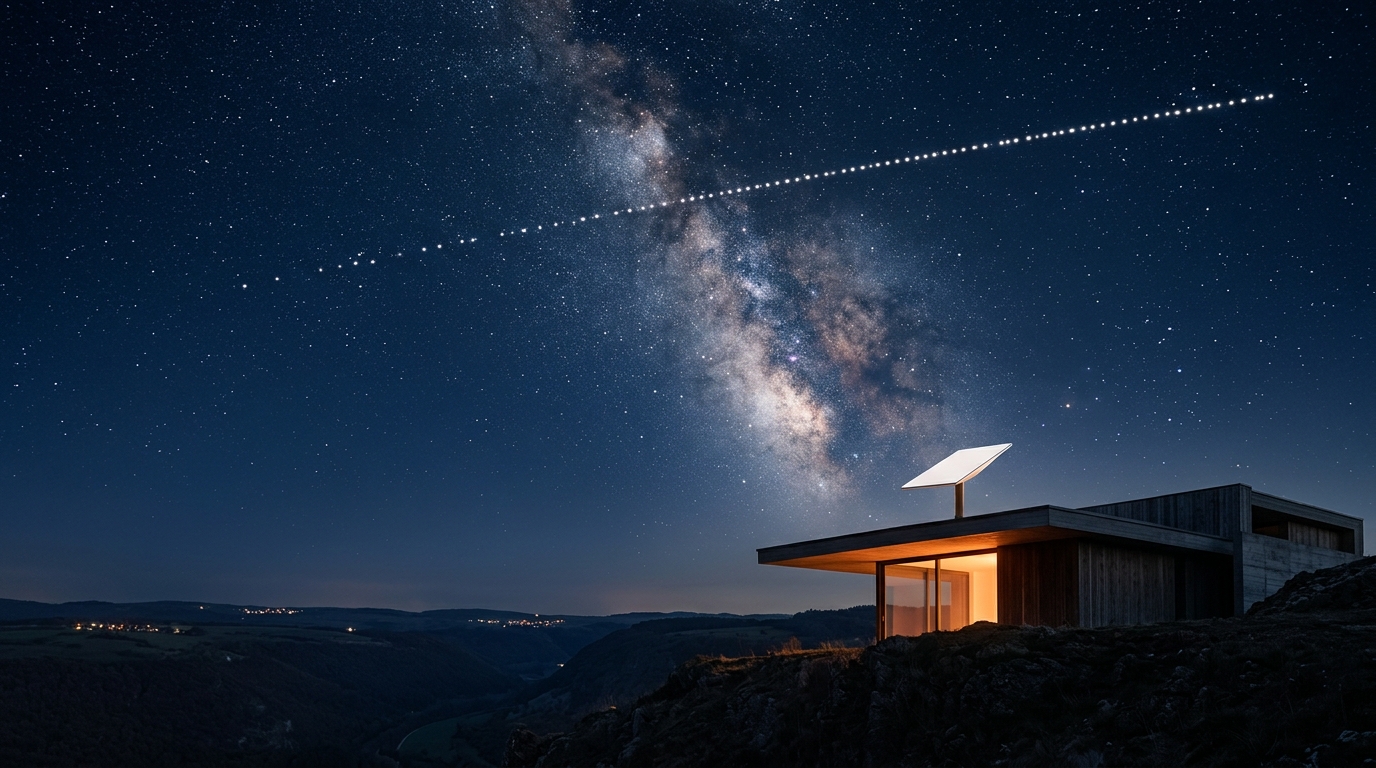 Haus auf einem Hügel bei Nacht mit flacher Satellitenantenne auf dem Dach, darüber die Milchstraße und eine Spur ziehender Satelliten.
