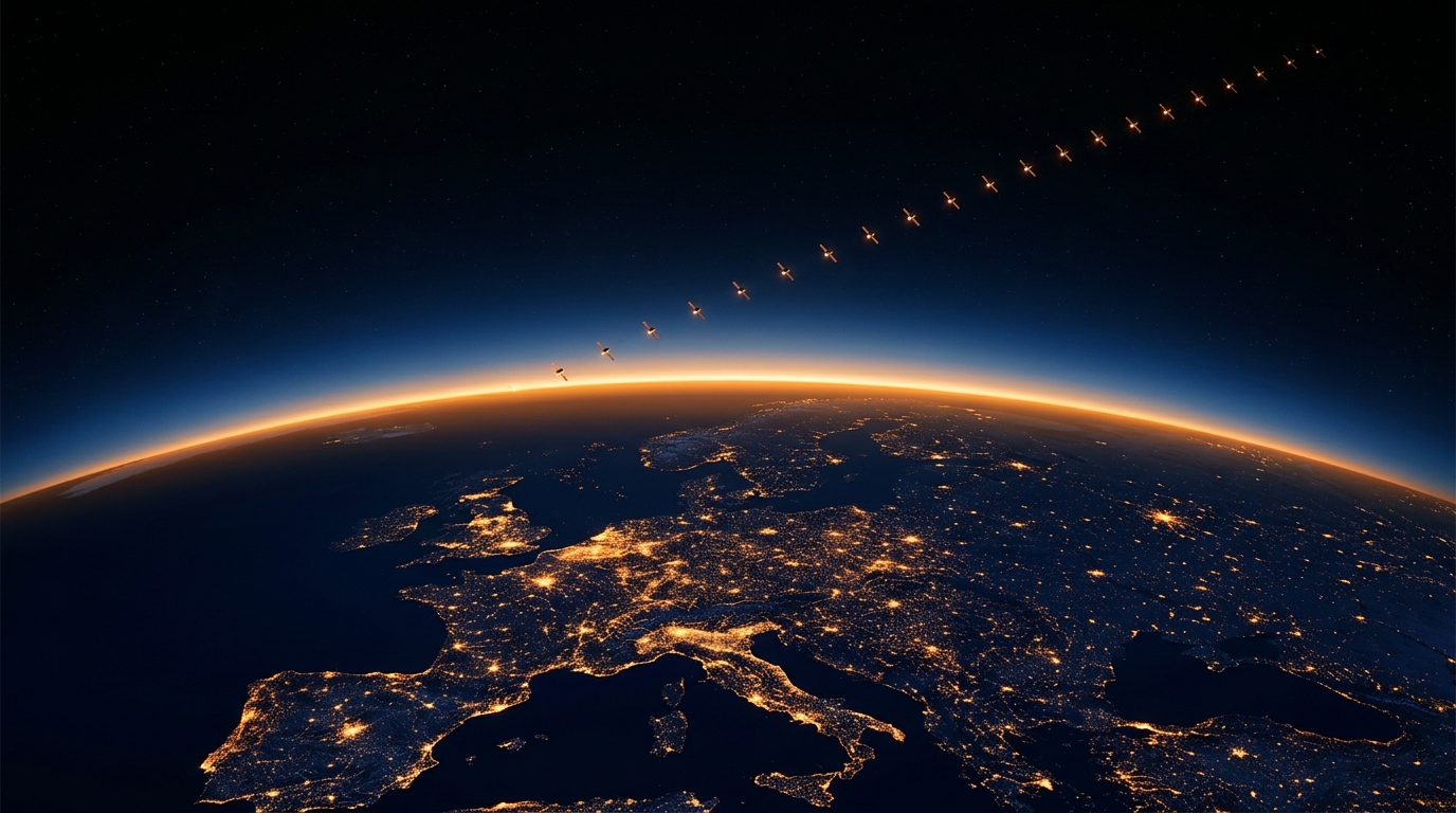 Sonnenaufgang über der Erdkrümmung, darunter Europa bei Nacht mit leuchtenden Städten, darüber eine Kette kleiner Satelliten.