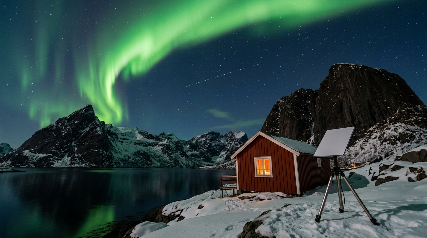 Rote Holzhütte am verschneiten Ufer eines arktischen Fjords, daneben eine Satellitenantenne auf einem Stativ; am Himmel Polarlicht und eine Spur ziehender Satelliten.