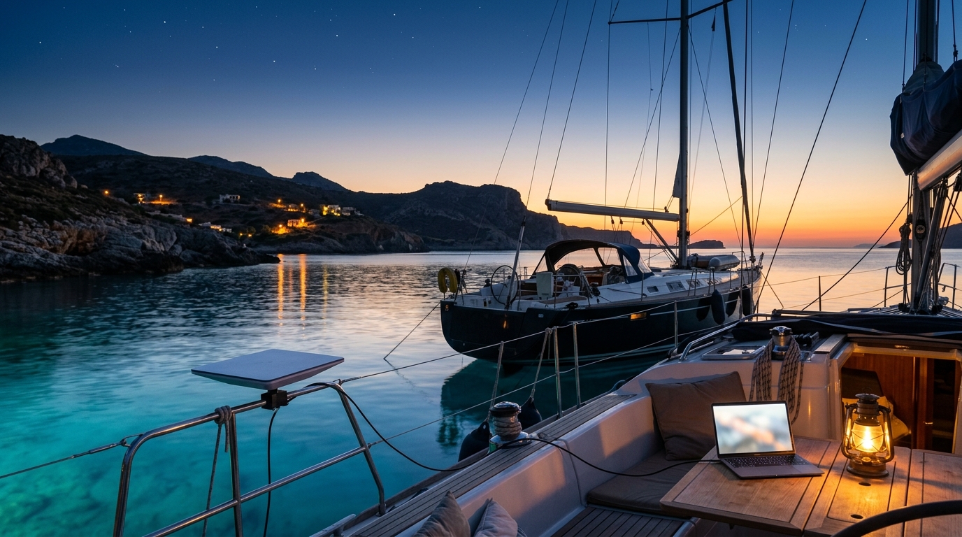 Segelyachten in einer Mittelmeerbucht zur blauen Stunde, an der Reling eine flache Satellitenantenne, im Cockpit ein Laptop und eine Laterne.