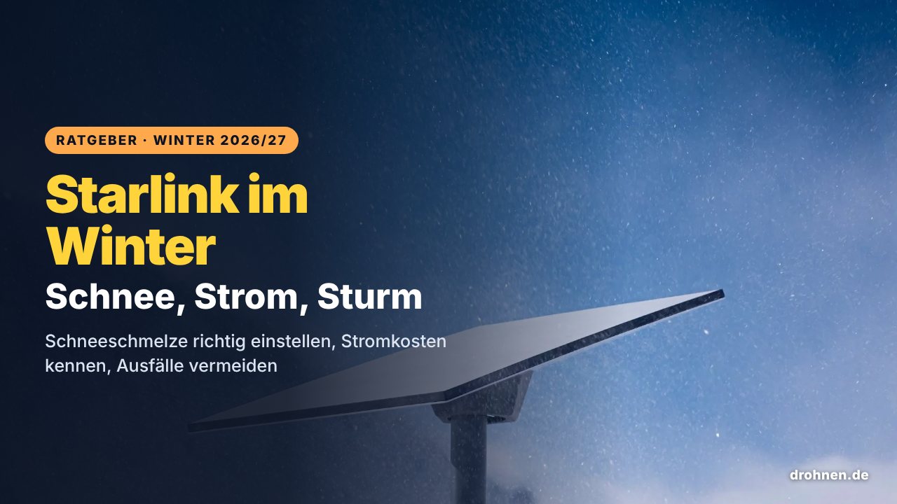 Starlink-Antenne auf einem Mast im Schneetreiben vor dunkelblauem Himmel, daneben der Schriftzug Starlink im Winter – Schnee, Strom, Sturm