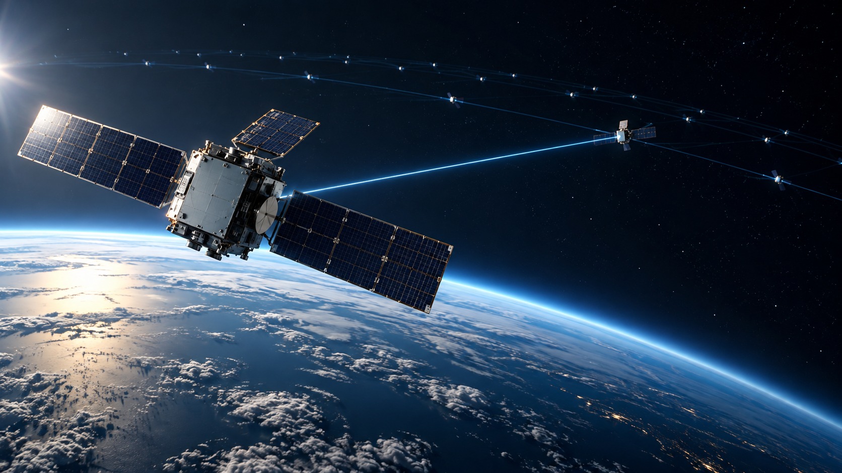 Generischer Kommunikationssatellit über der Erde mit schematischen Verbindungen zu weiteren Satelliten.