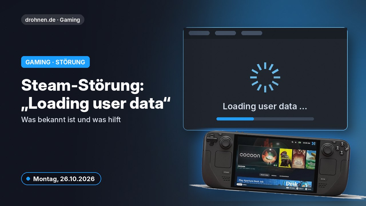 Grafik zur Steam-Störung: Ladebildschirm „Loading user data“ auf einem Monitor mit Controller