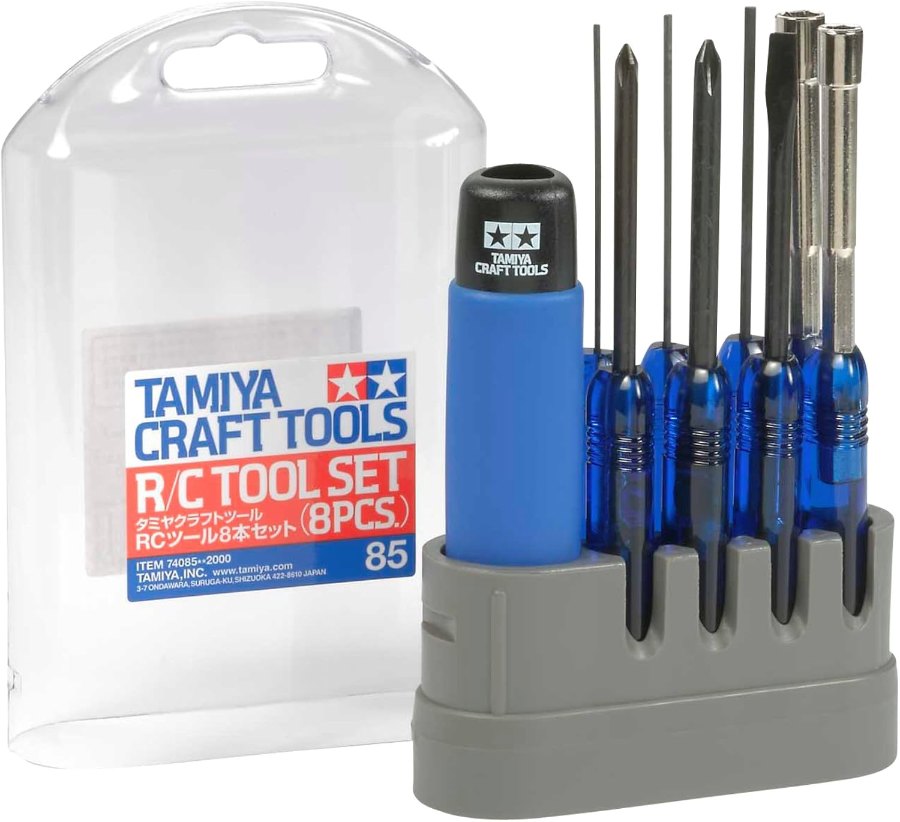 Tamiya Craft Tools RC-Werkzeugset mit acht blauen Schraubendrehern im grauen Ständer und Verpackung