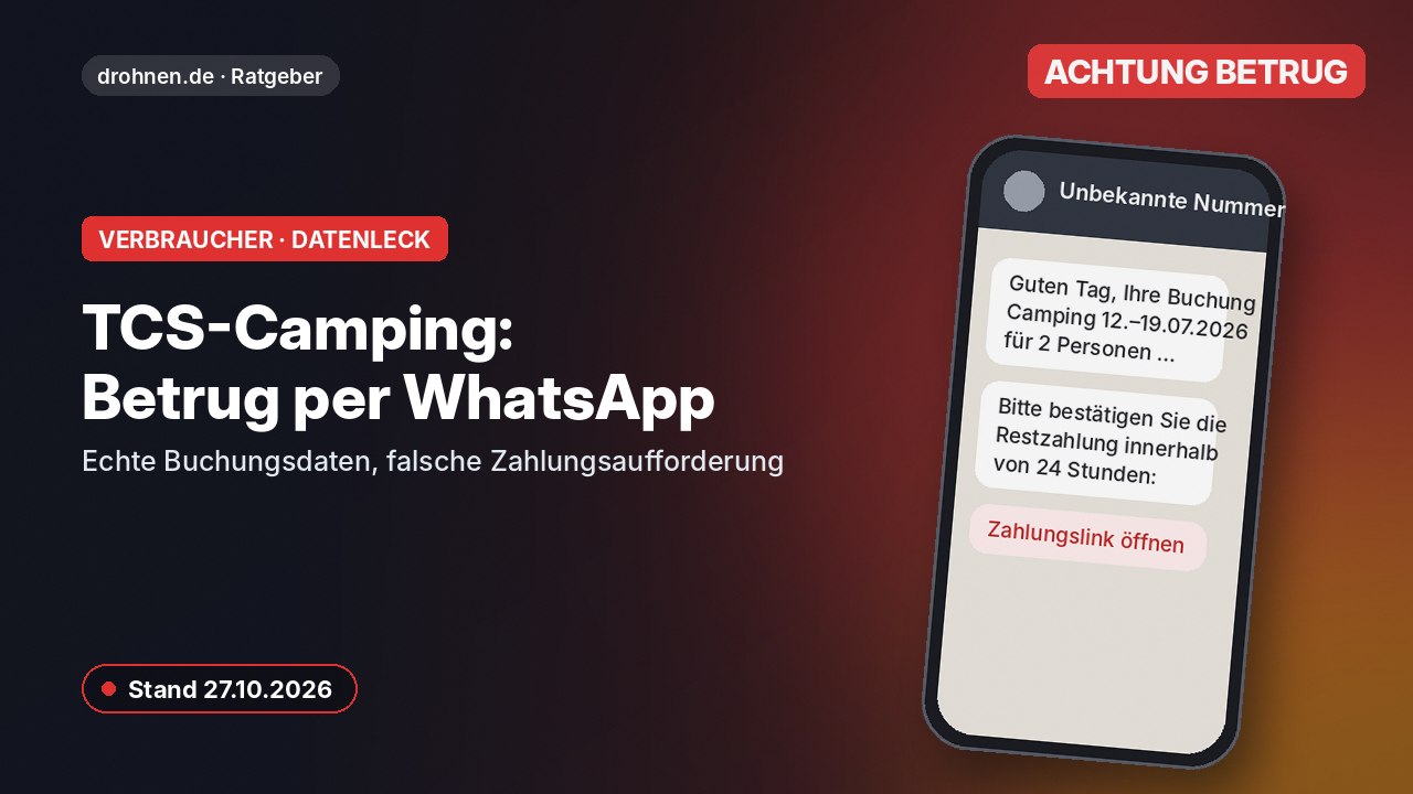 Symbolgrafik zum TCS-Camping-Datenleck: Smartphone mit nachgestelltem WhatsApp-Chat und Warnhinweis vor Betrug mit Buchungsdaten