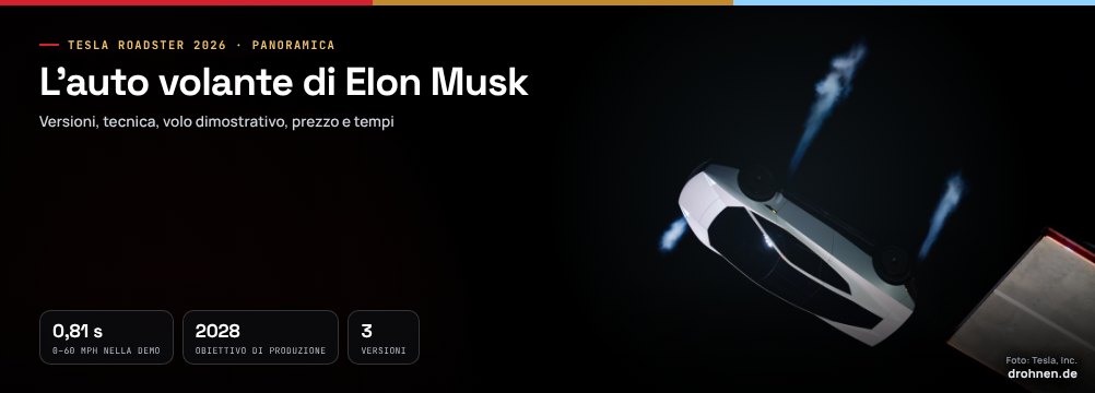 La Tesla Roadster in aria con i getti dei propulsori dopo aver lasciato una rampa durante la dimostrazione di Tesla, con il titolo «L’auto volante di Elon Musk»