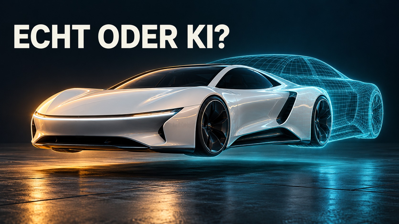 KI-Illustration eines generischen schwebenden Sportwagens mit digitalem Drahtgitter und dem Schriftzug Echt oder KI; kein Belegbild der Tesla-Vorführung.