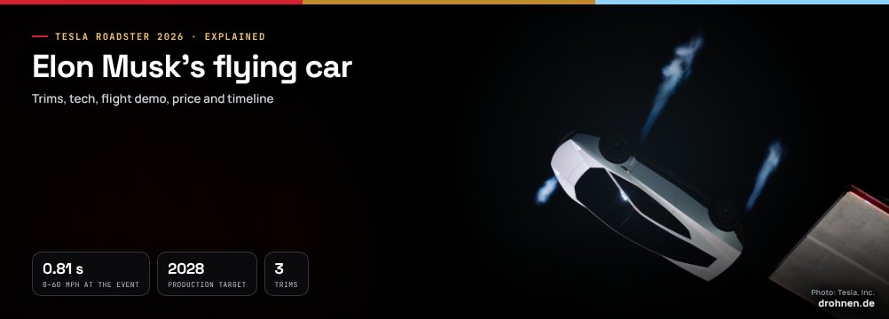 Tesla Roadster in mid-air with thruster jets after leaving a ramp at Tesla’s demonstration, with the headline “Elon Musk’s flying car”